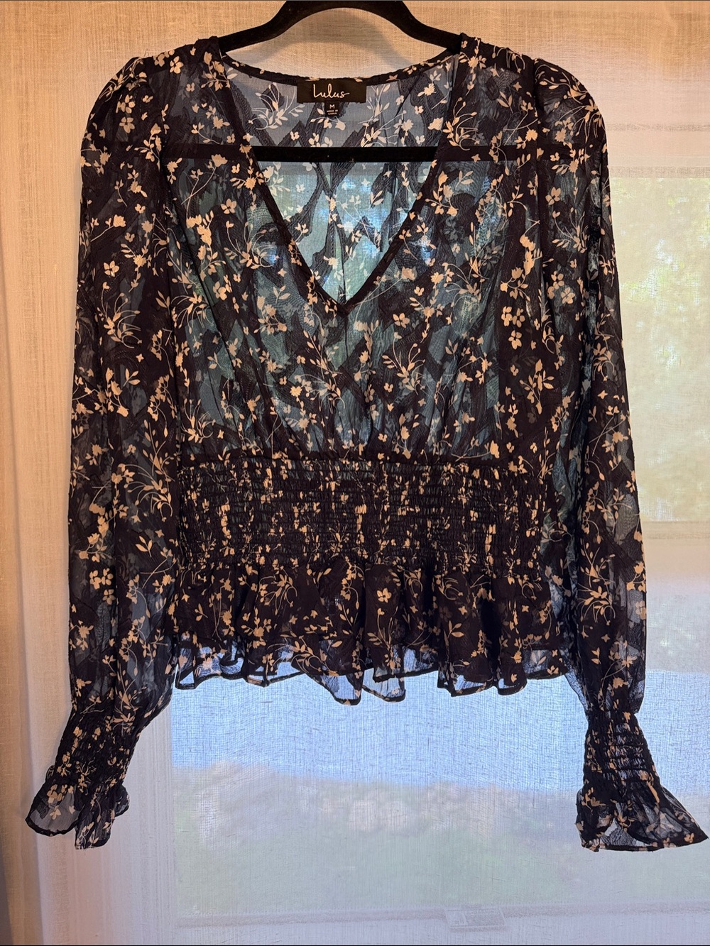 Lulu's Navy Floral V-Neck Peplum Blouse